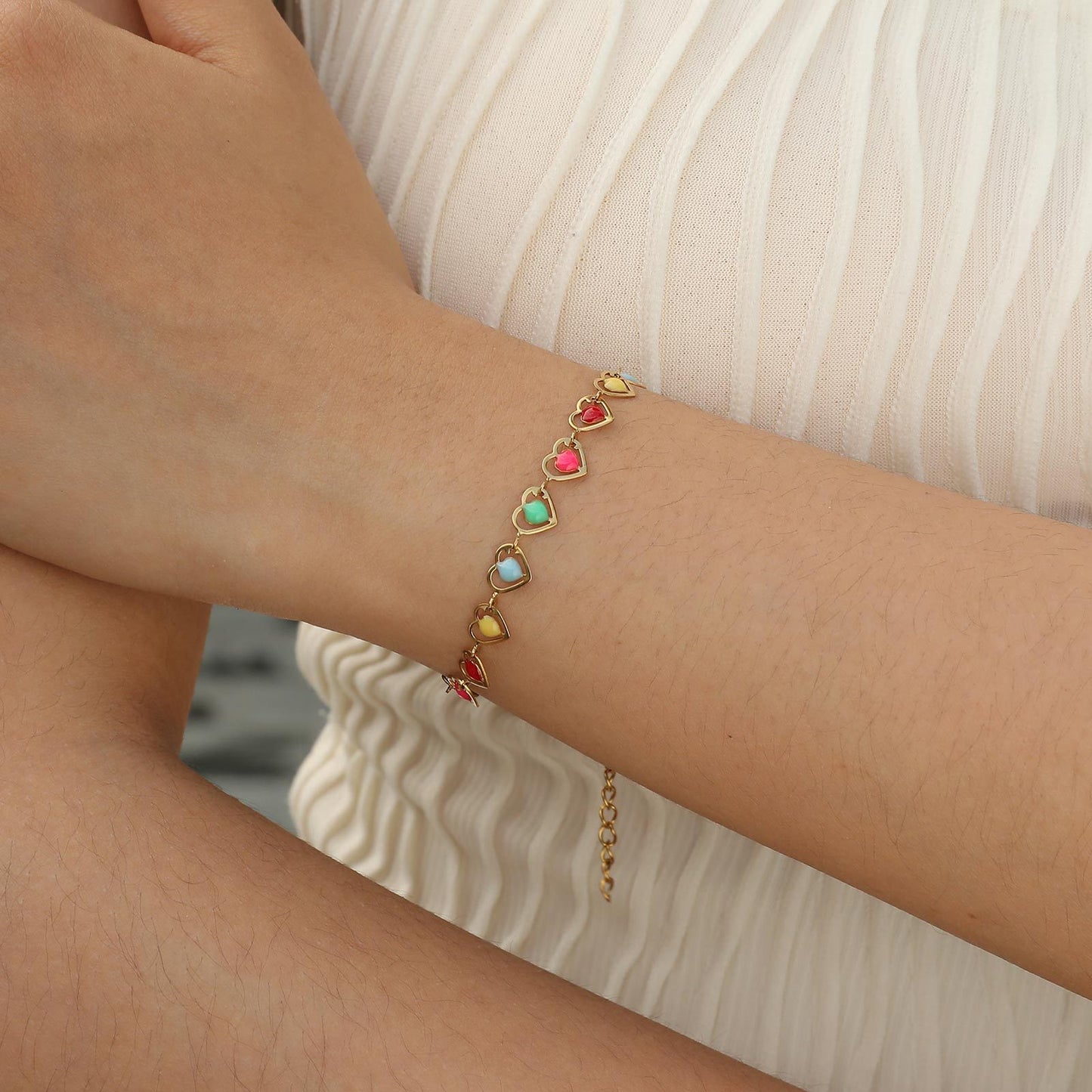 Ladies Color Epoxy Bracelet Stainless Steel Gold Cherry Flower Heart Element