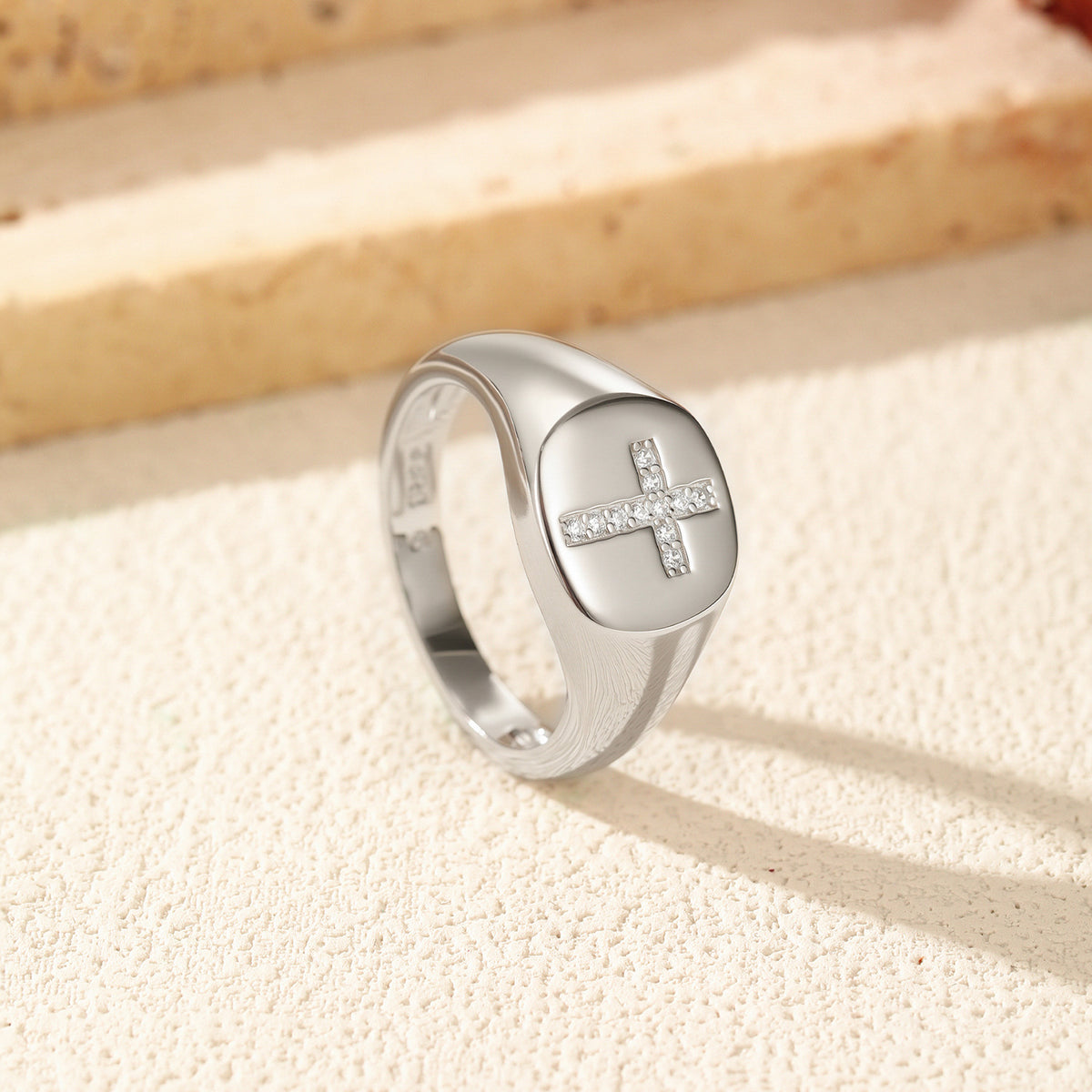 S925 Sterling Silver Cross Signet Moissanite Ring