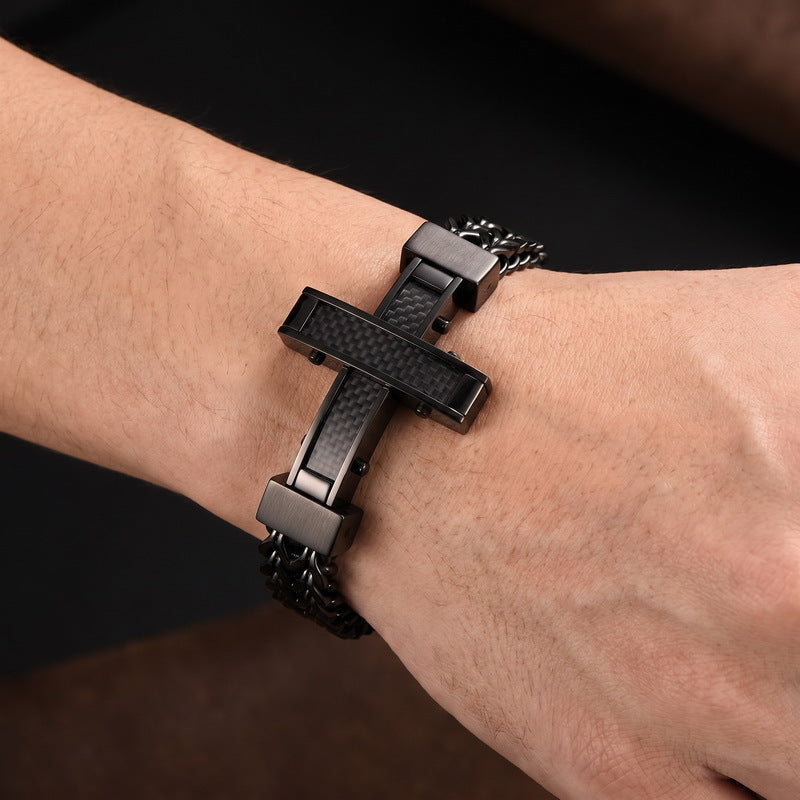 Hip Hop Carbon Fiber Cross Double Layer Front & Back Chains Magnetic Buckle Stainless Bracelet