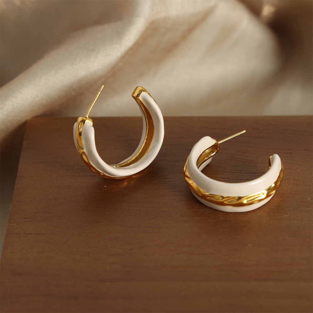 Exaggerated Retro Titanium Steel Earrings with Gold-Plated Semi-Circular Glaze
