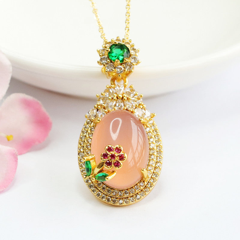 Chalcedony Flower Pendant Necklace with Zircon Accents