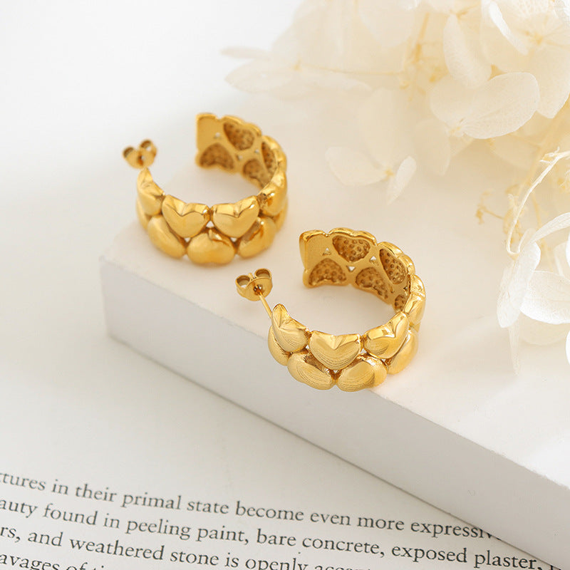 Peach Heart Splice European and American Earrings - Niche Design in Titanium Steel Electroplated with 18K Gold