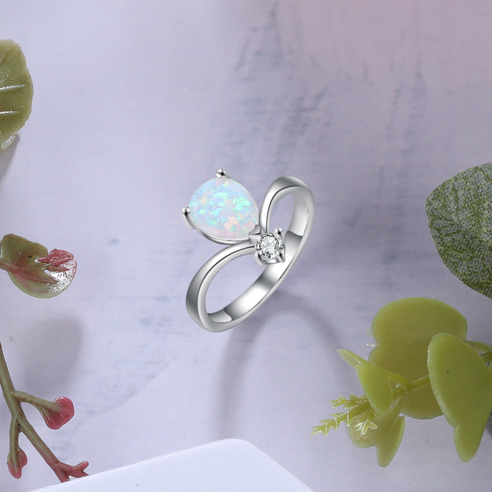 Pear Drop Opal with Zircon V Shape Sterling Silver Ring