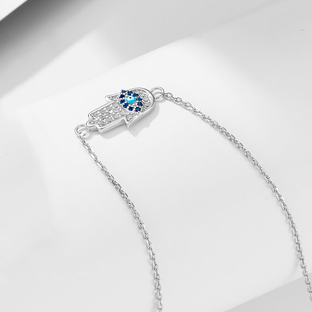 Micro-Inlaid Zircon Devil'S Eye Sterling Silver Necklace Inlaid Dripping Oil Palm Pendant
