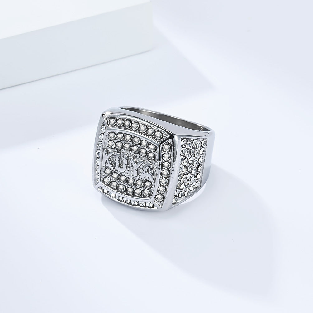 Planderful Shop Titanium Steel KUYA Ring For Men Hip Hop Style Full Zircon Niche Fashion Jewelry