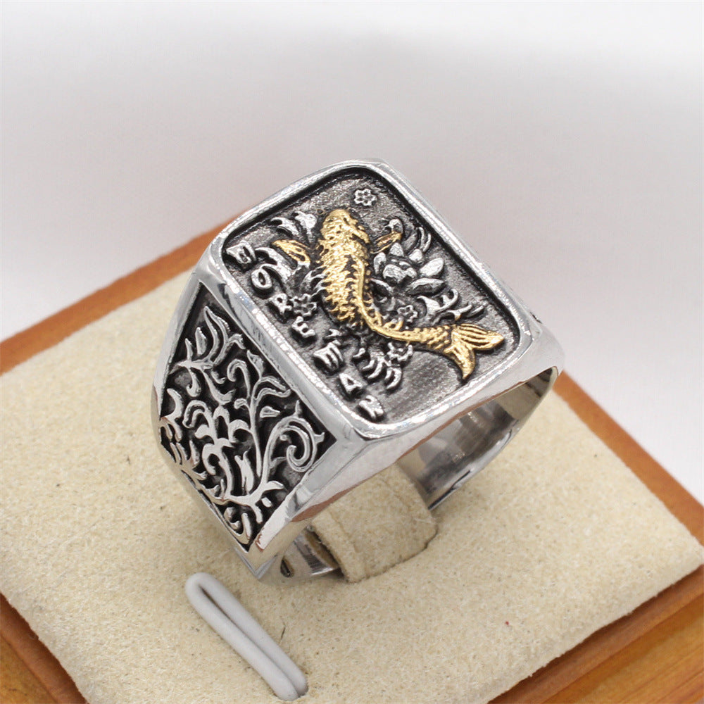 Planderful Everyday Genie Titanium Steel Ring Unisex Retro Carp Motif Durable Gift for Men and Women