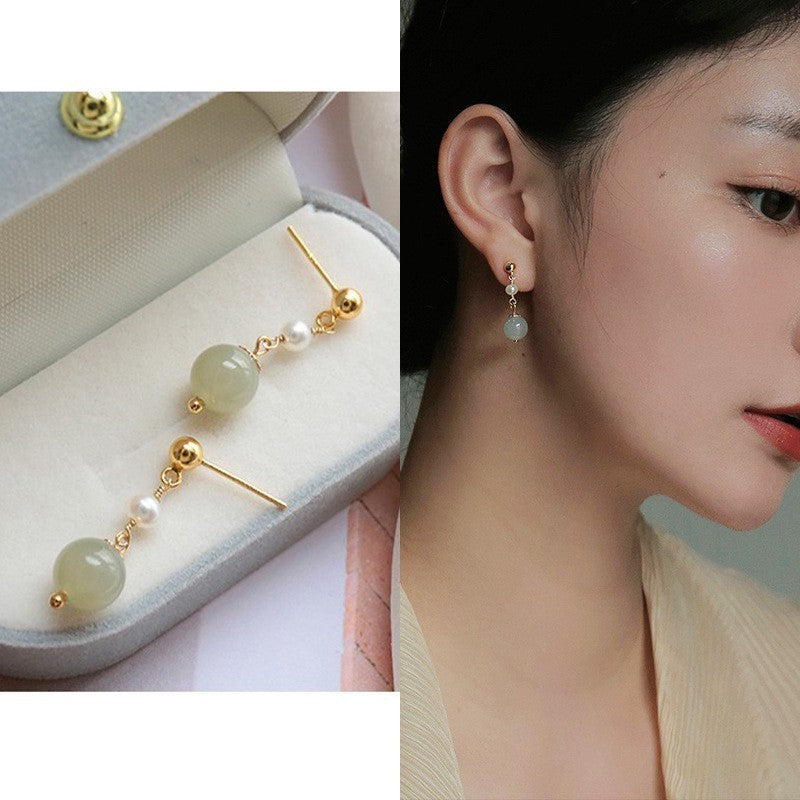 Elegant Natural Hotan Jade Mosquito-Repellent Earrings with Sterling Silver Needle
