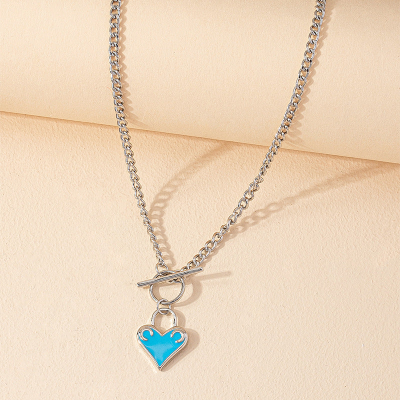 Drop Glaze Love Necklace with OT Buckle Design and Small Lock Pendant - Elegant Collarbone Chain