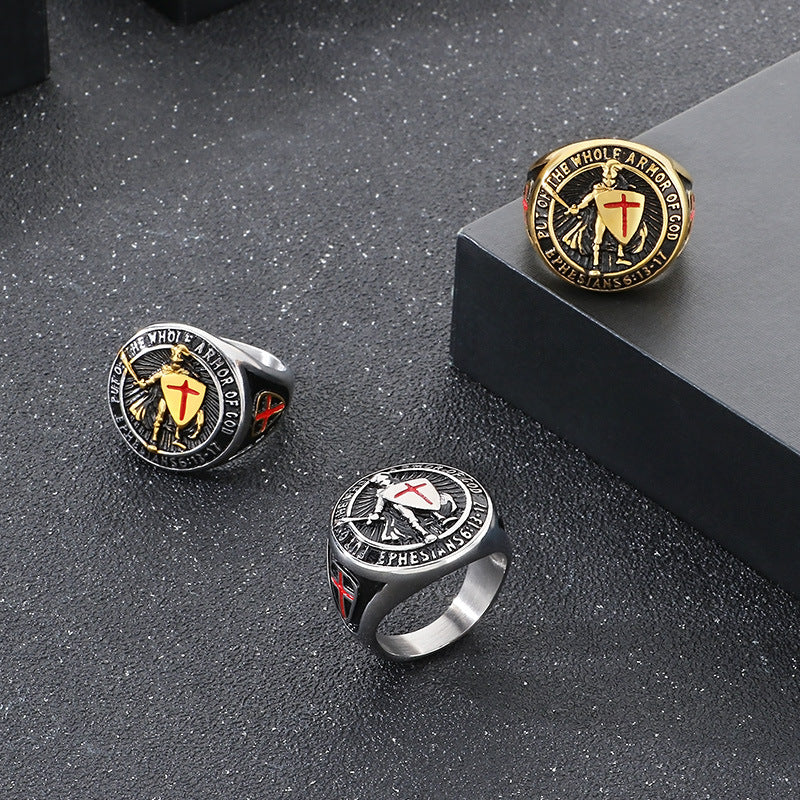 Planderful Men Epoxy Red Cross Shield Ring Hip Hop Style