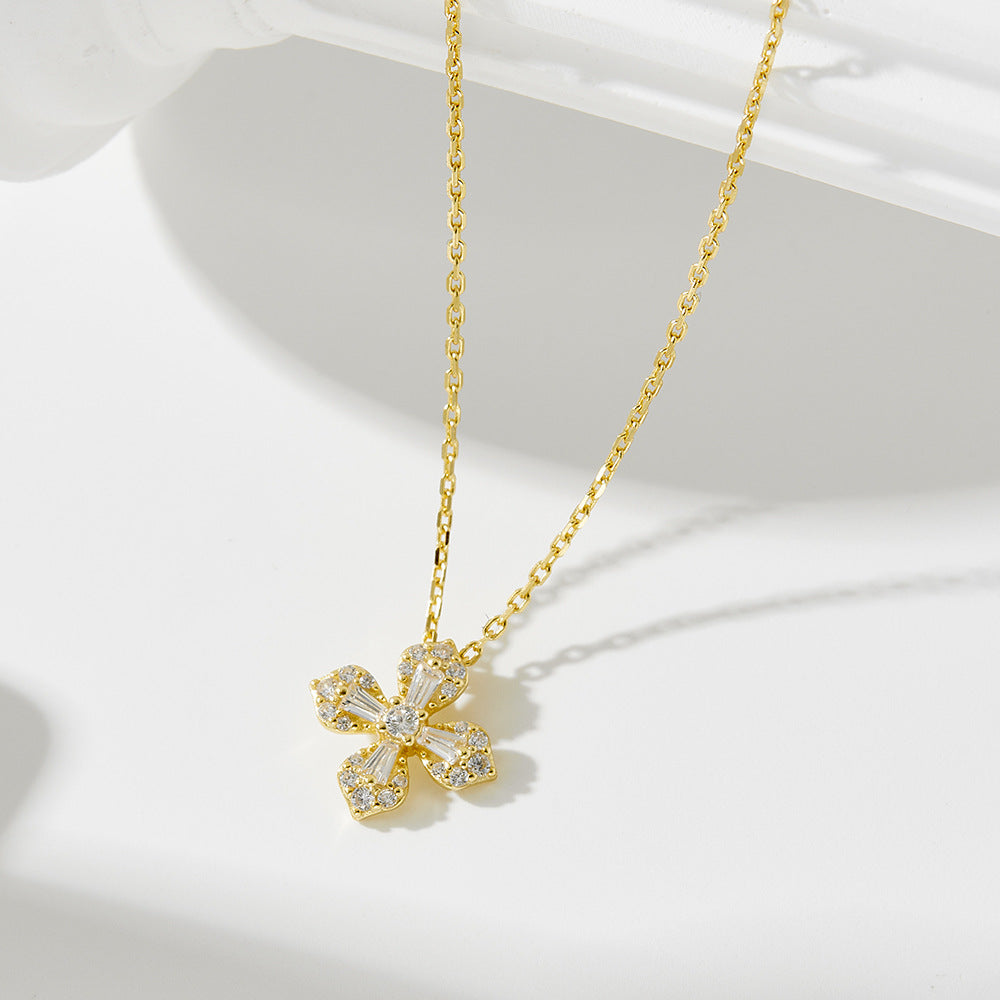 French Micro-Inlaid Zircon Petal Four-Leaf Clover Necklace 925 Sterling Silver And