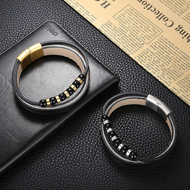 Planderful Genie Mens Leather Double Layer Bracelet