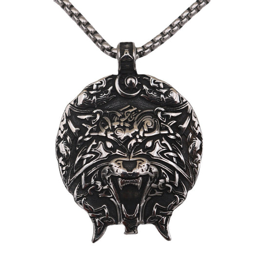 Viking Tiger Head Titanium Steel Necklace with Odin Rune Pendant - Men's Jewelry from Norse Legacy Collection