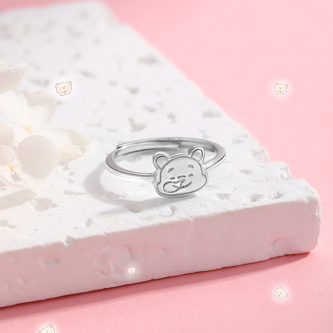 Planderful Little Bear S925 Sterling Silver Ring For Women Open Adjustable Cute Cartoon Design