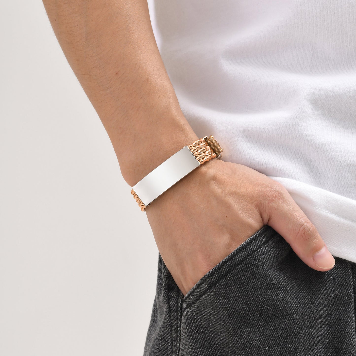 Jewelry Stainless Steel Curved Brand Black PVC Strap Bracelet Universal for Men and Women