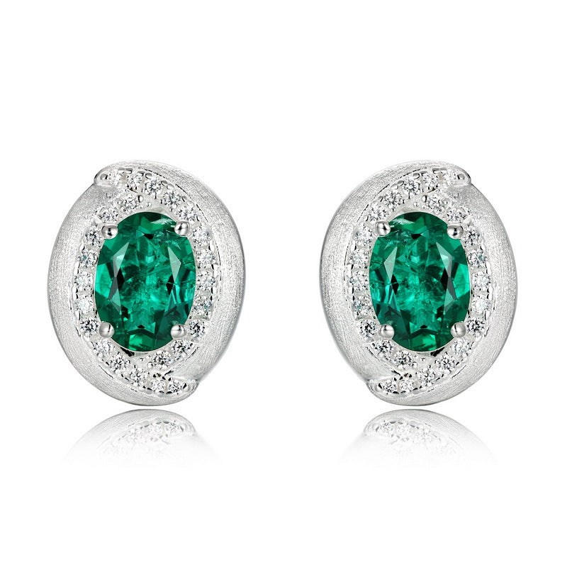 S925 Sterling Silver Lab-Grown Emerald Oval Stud Earrings