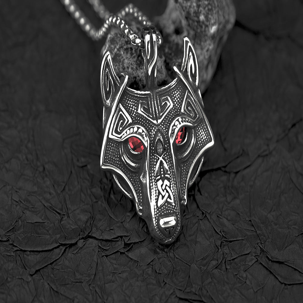 Planderful Titanium Viking Wolf Pendant Bold Unisex Necklace Norse Legacy Multi Color Eye Accent