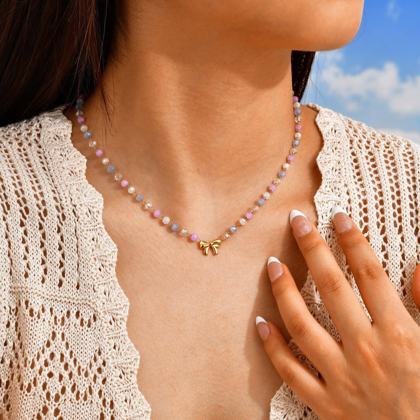 Ladies Sweet Little Fresh Stainless Steel Bow Color Gradual Change Bead Necklace