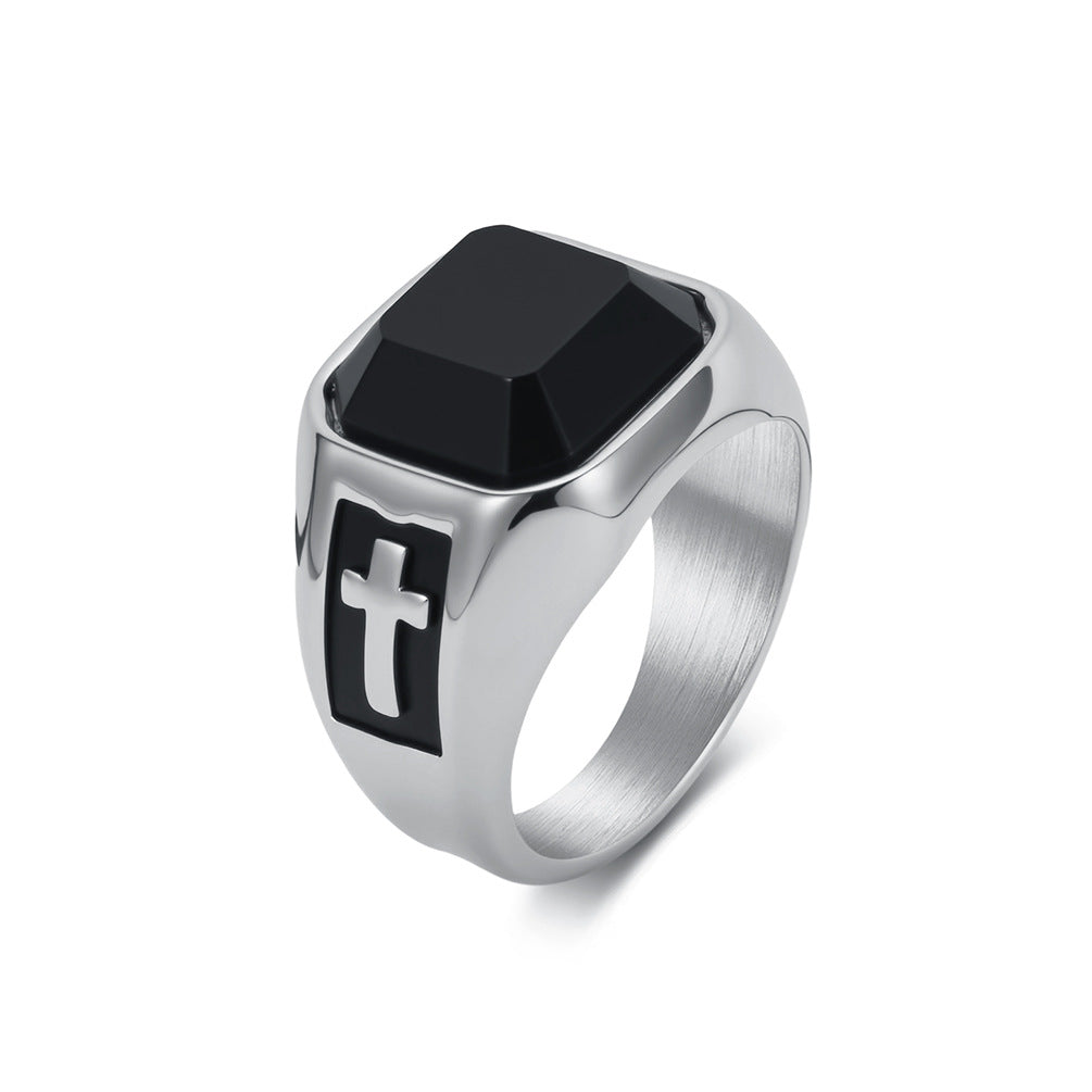 Cross Black Gemstone Vintage Stainless Steel Ring for Men