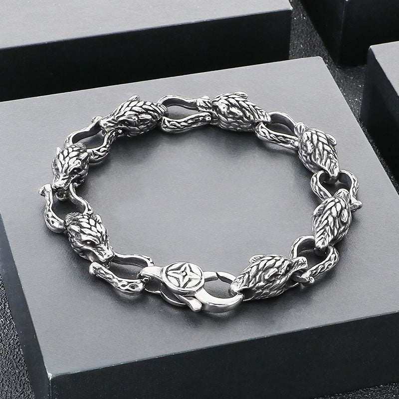 Nordic Viking Design Wolf – Antique Tail Biting Wolf Head Stainless Steel Men's Bracelet