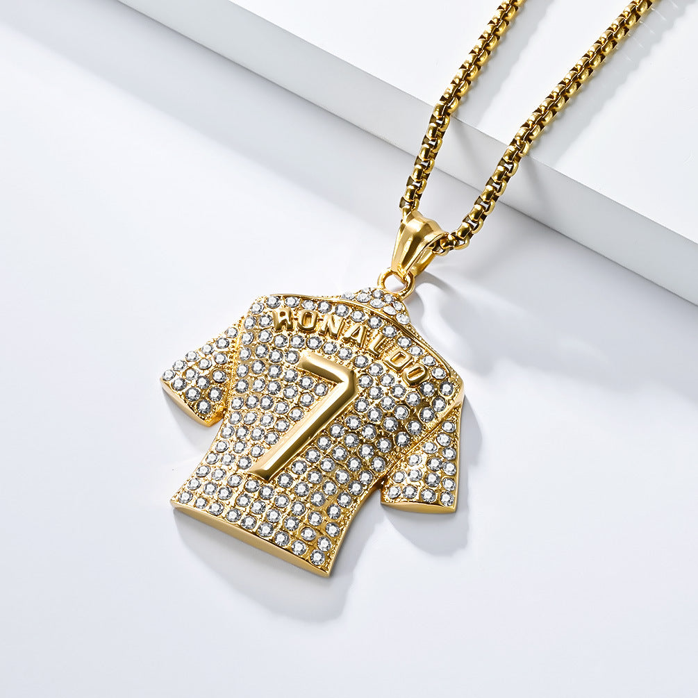 Planderful World Cup Football Jersey Pendant for Boys Bold Gold Plated Zircon Titanium Steel Necklace