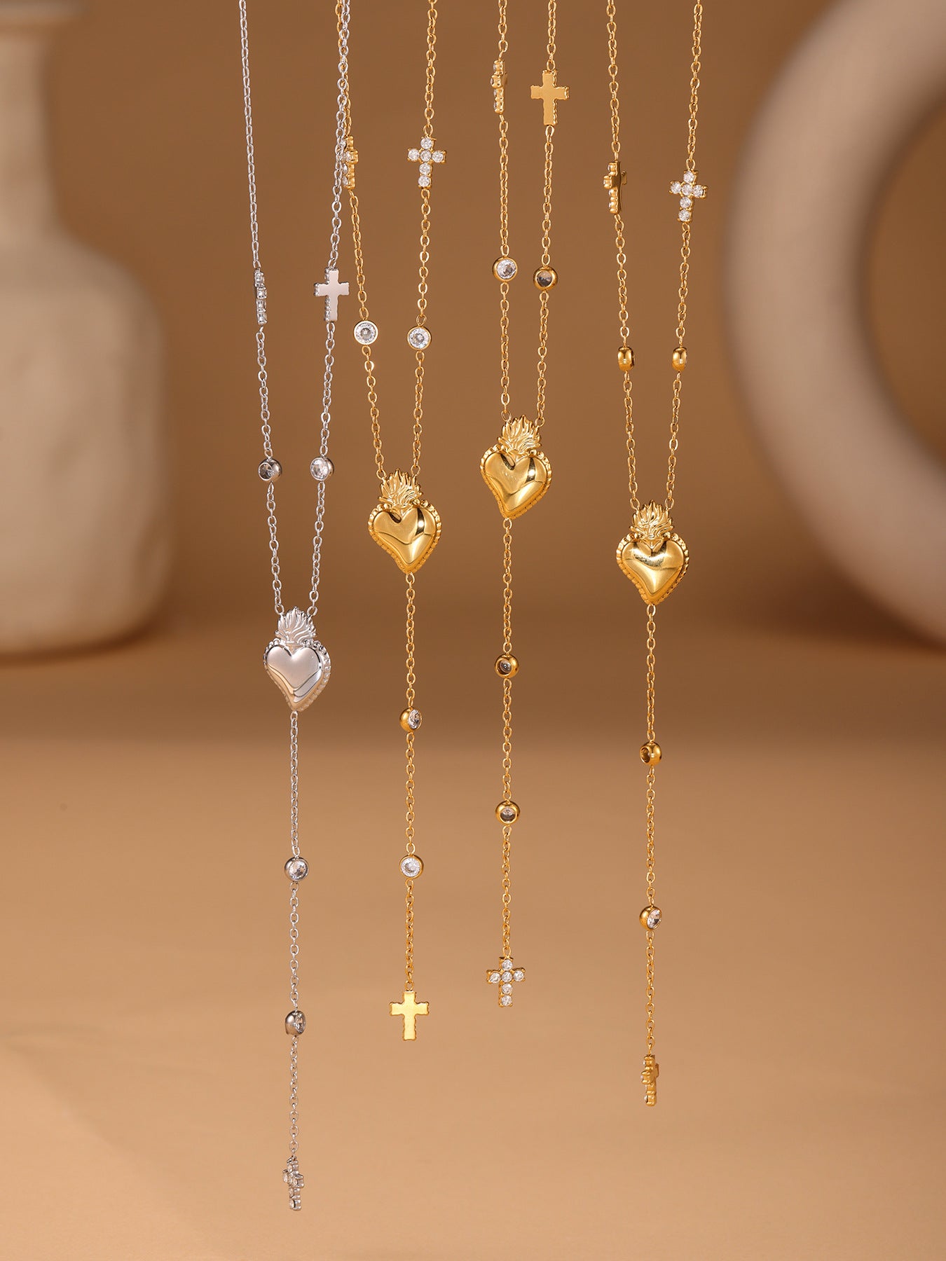 Planderful Zircon Cross Necklace Multi Layer Fringed Women