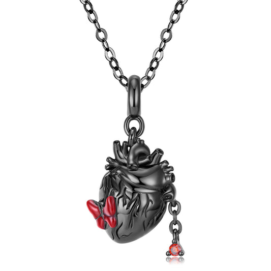 Black Cardiac Butterfly Red Zircon Silver Necklace