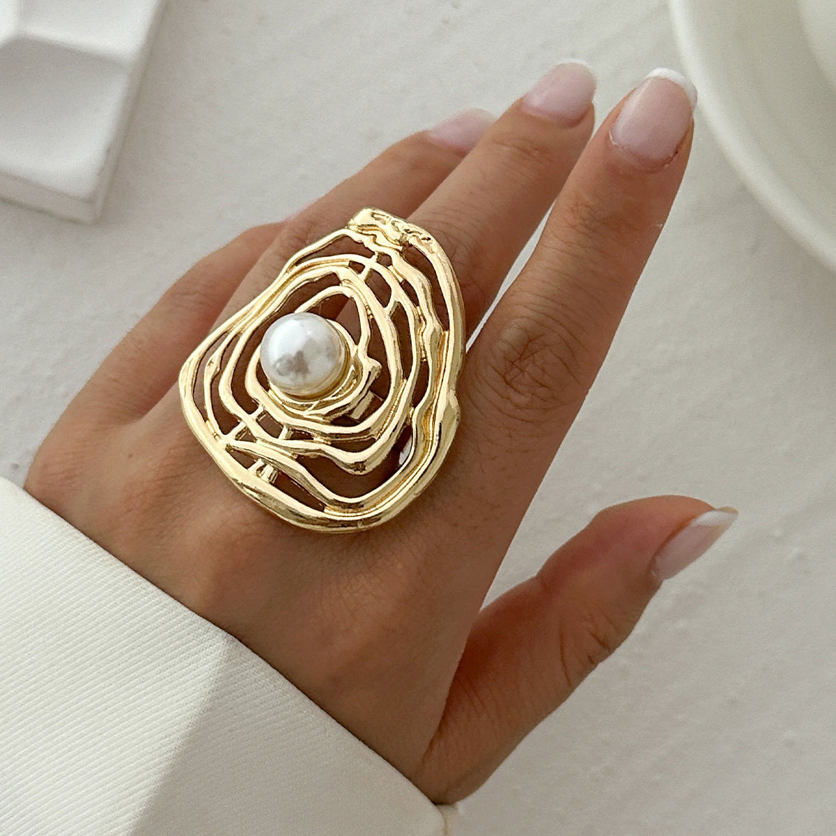 Planderful Vienna Verve Imitation Pearl Ring Open Wind Fold Metal Ring For Trendy Women And Gift Seekers