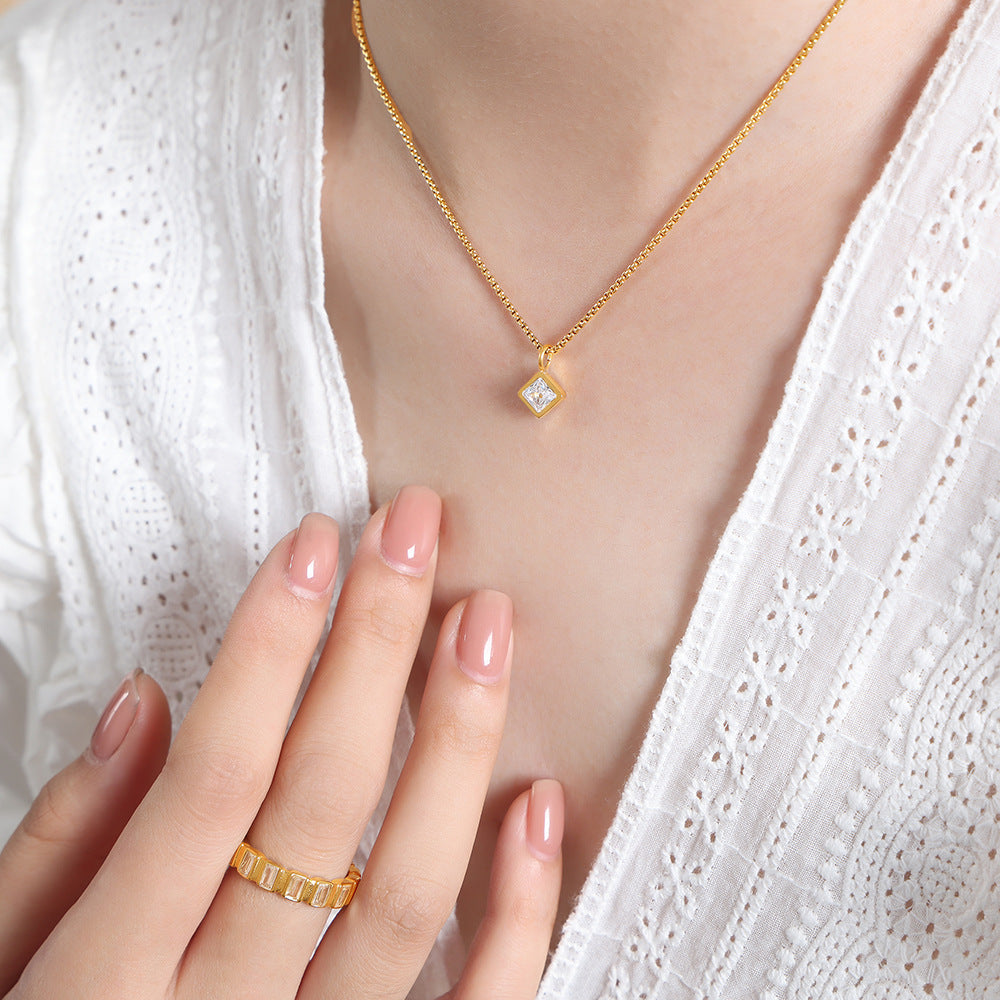 Retro Square Zircon Pendant Necklace with Titanium Steel Gemstones