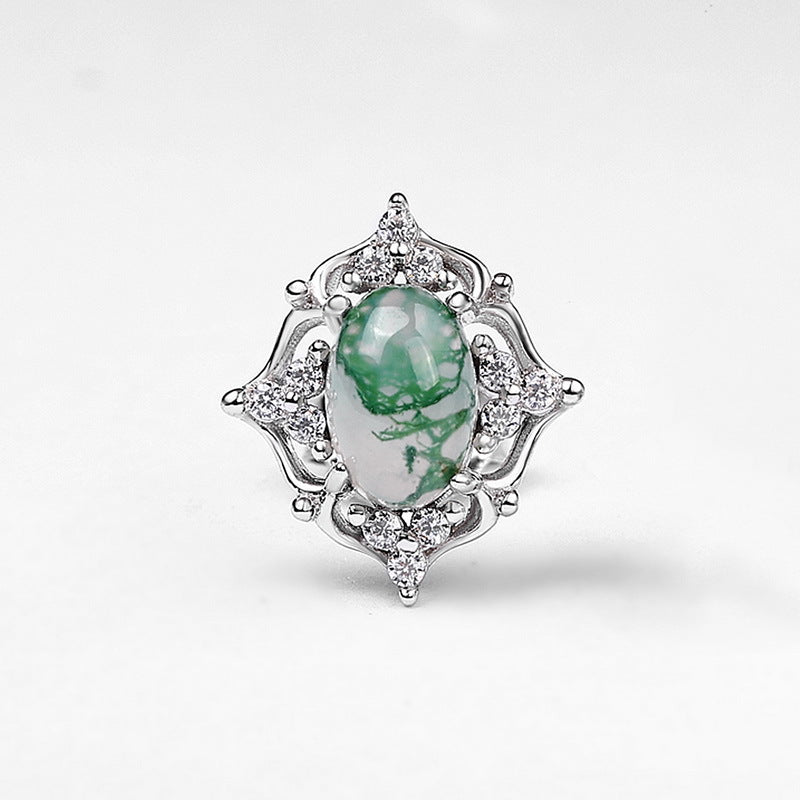 S925 Sterling Silver Moss Agate Openwork Stud Earrings