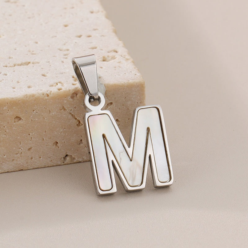 Women's'S Titanium Steel 26-Letter Pendant, White Fritillary Inlaid Stainless Steel Necklace