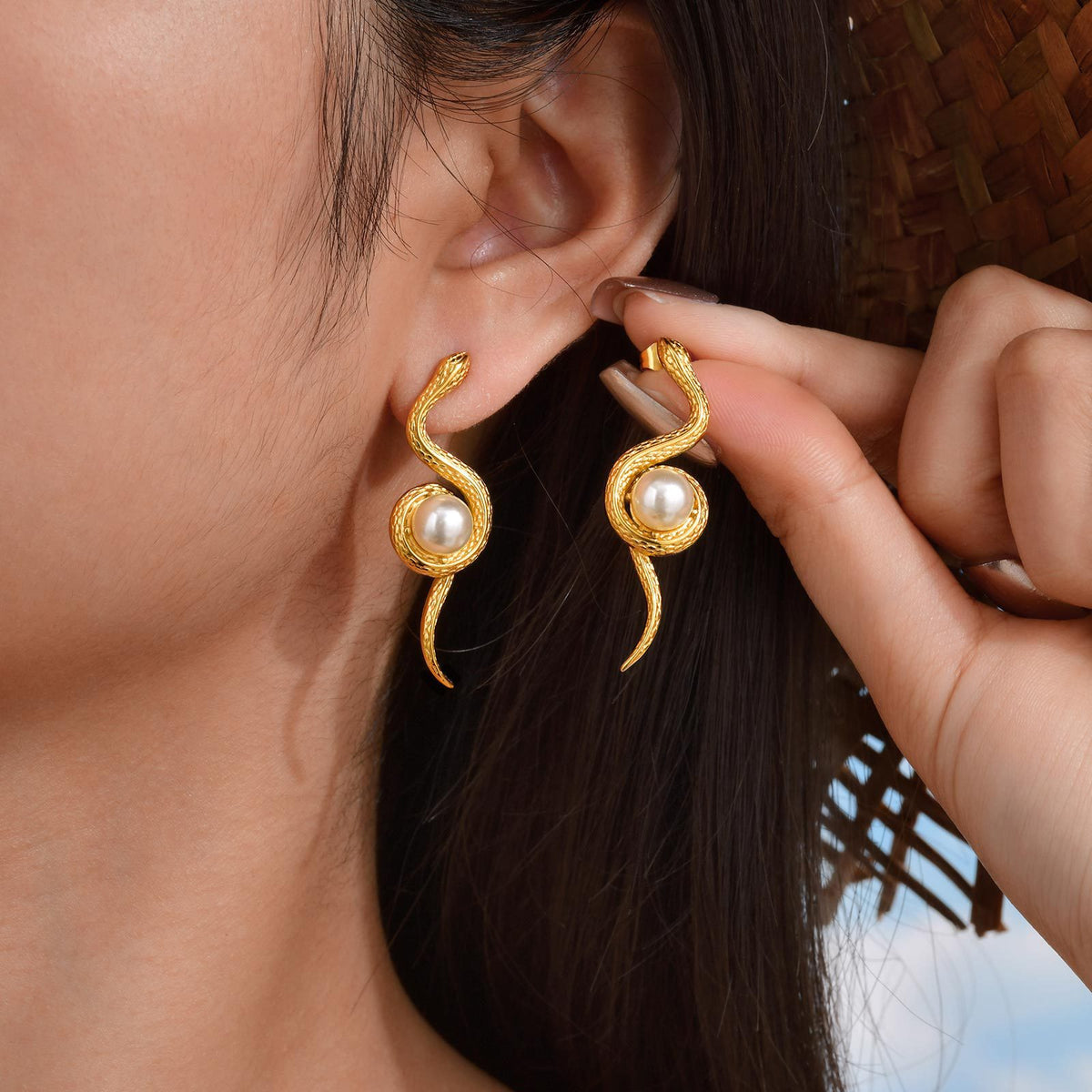 Gold-Tone Sculptural Pearl S-Curve Earrings
