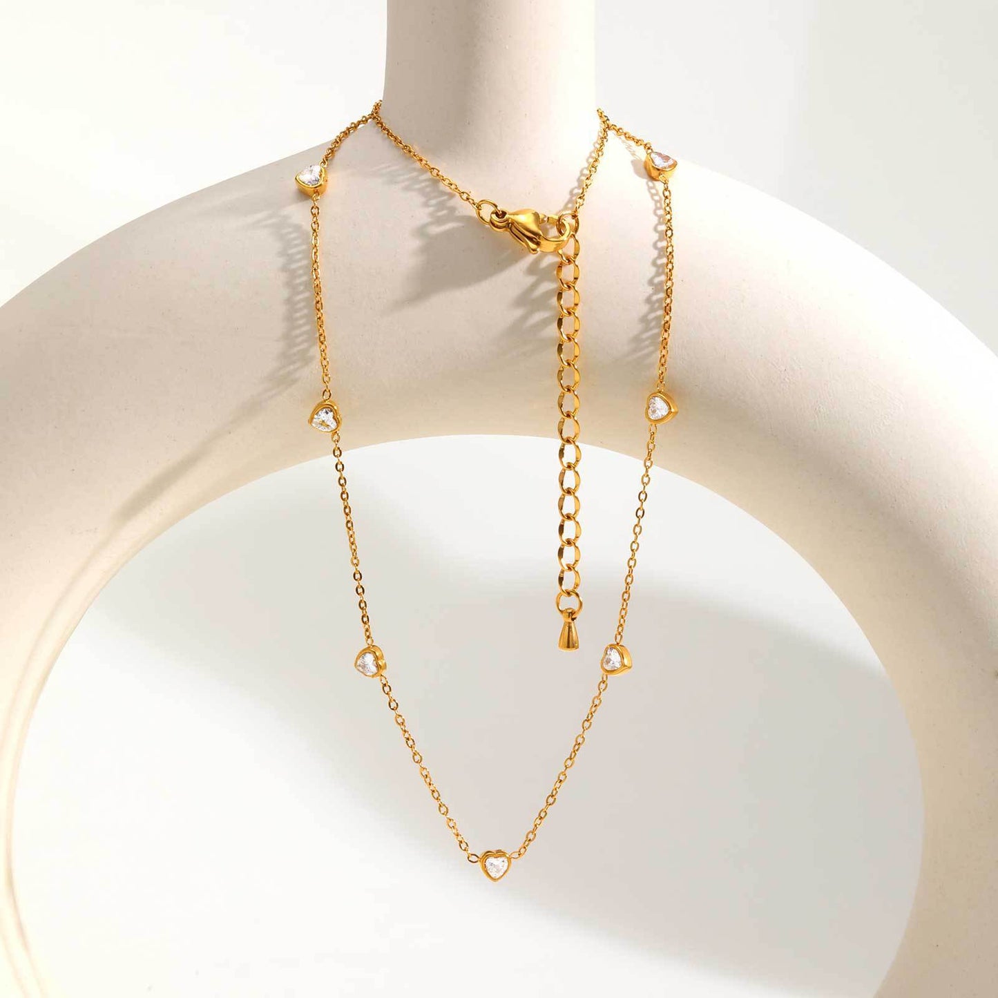 Stainless Steel Heart-Shaped White Zircon Flat Cross Chain Cold Wind Necklace Gold