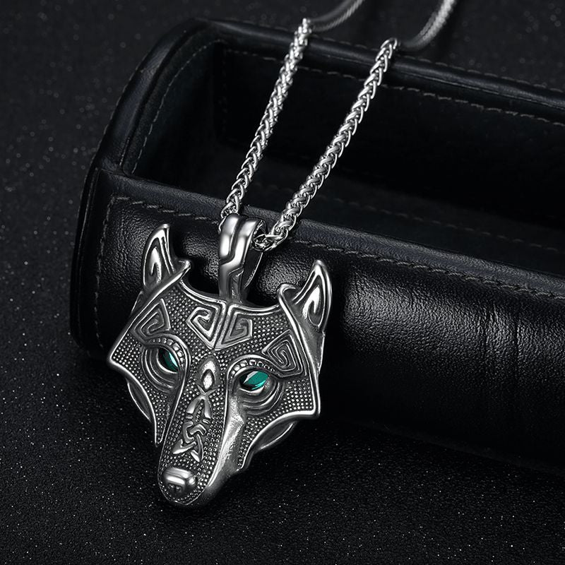 Planderful Everyday Genie Wolf Head Pendant Necklace Stainless Steel Green Eyes Nordic Viking Celtic For Men