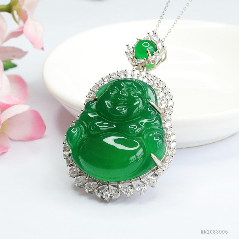 Green Chalcedony Buddha Zircon Halo Pendant — No Chain