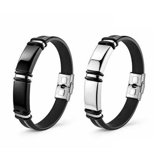 Stainless Steel Leather Rope Bracelet Two Tone Black Silver Men Unisex Protection Statement Planderful Everyday Genie