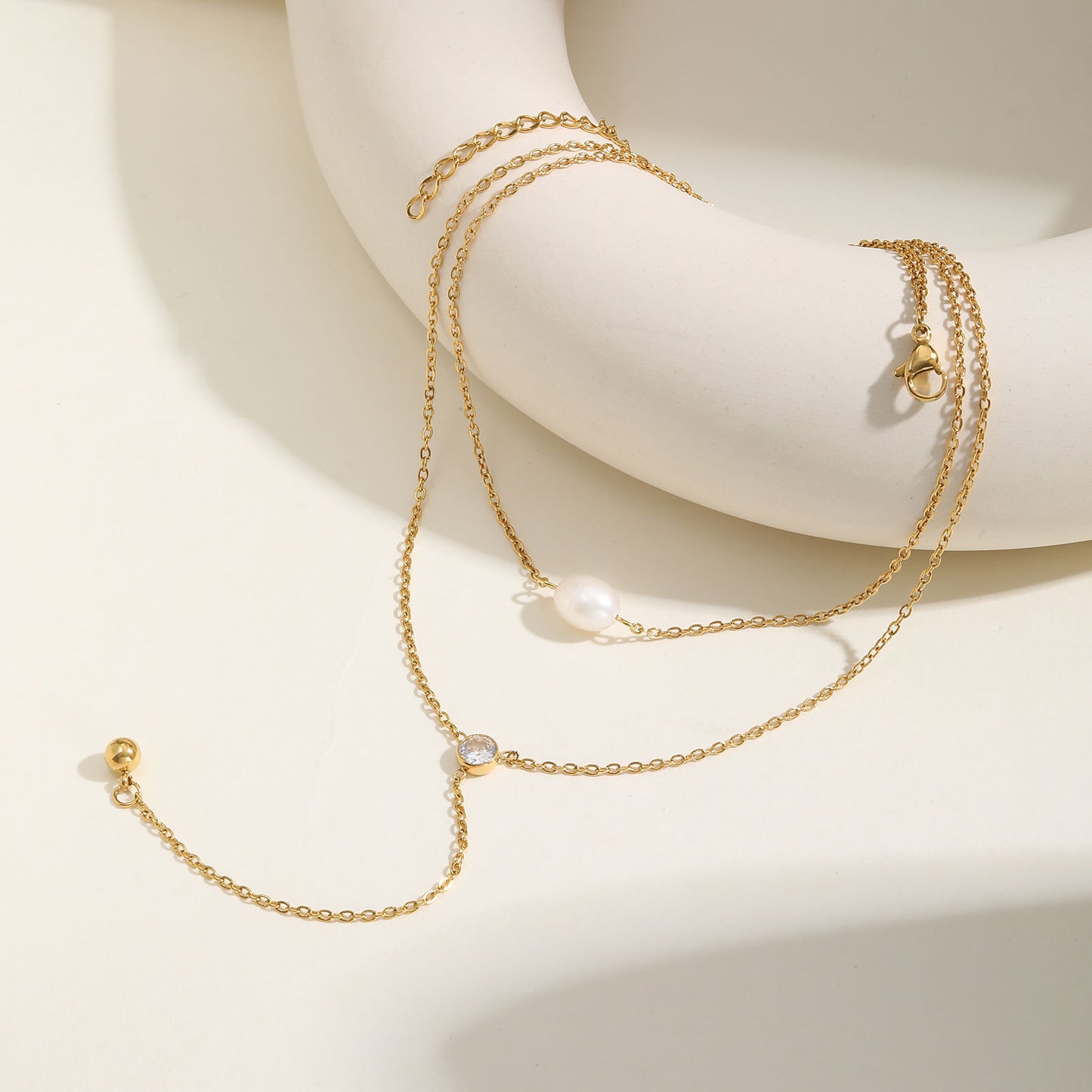 Summer Stainless Steel Double Chain Natural Baroque Zircon Y-Shaped Necklace Gold Ladies