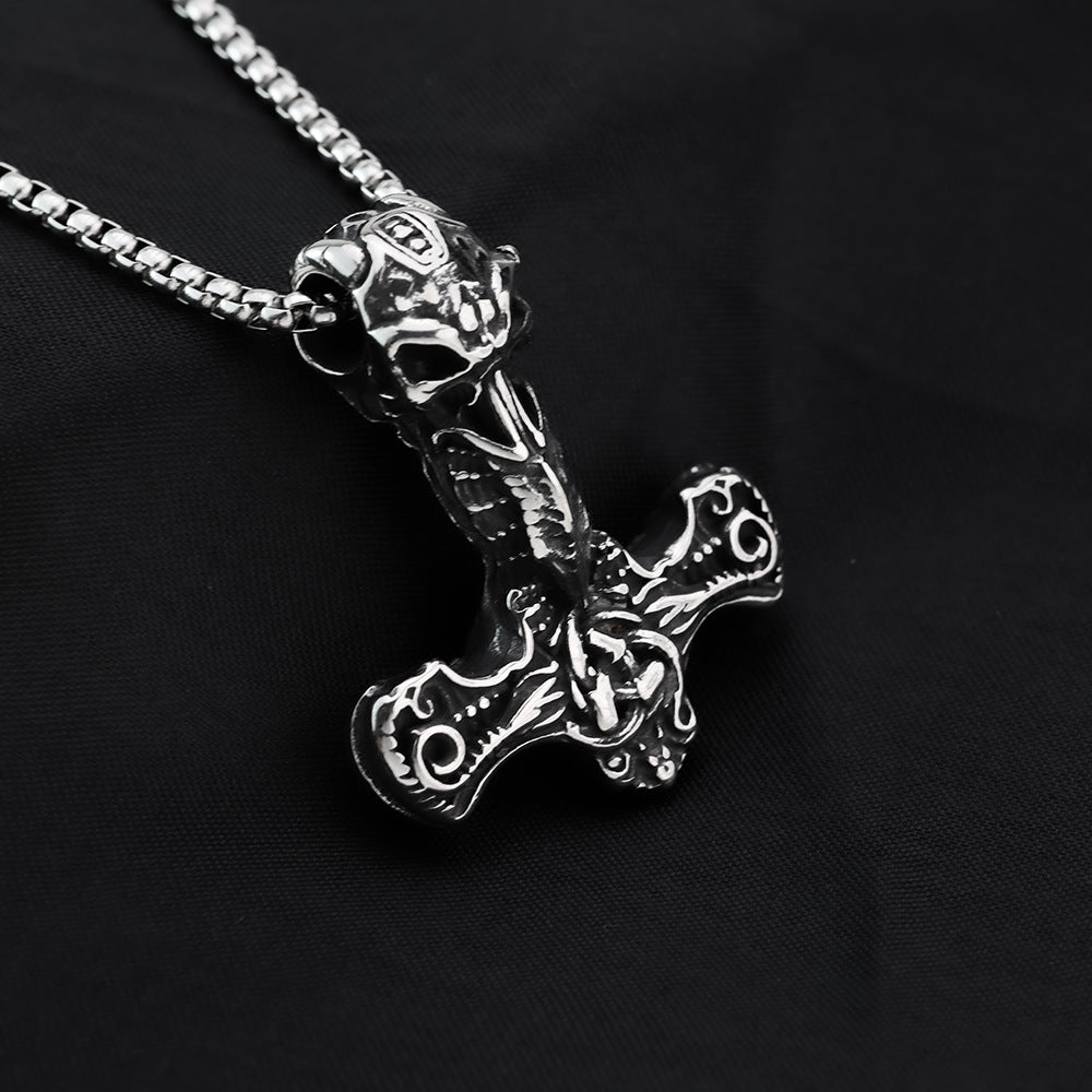 European And American Jewelry Wholesale Titanium Steel Pendant Men's Stainless Steel Necklace Retro Viking Crow Thor Hammer