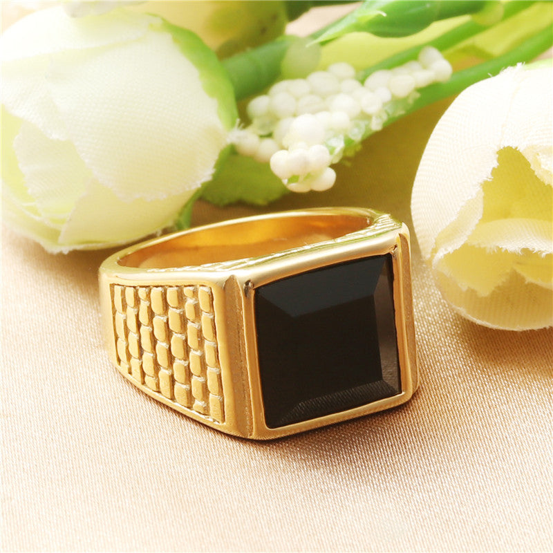 Titanium Steel Vintage Square Stone Ring - Trendy Men's Accessory with Black Gemstone