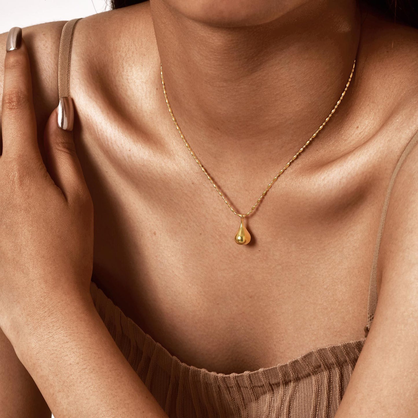 Stainless Steel Rice Bead Separator Chain Water Drop Pendant Necklace Gold Women's