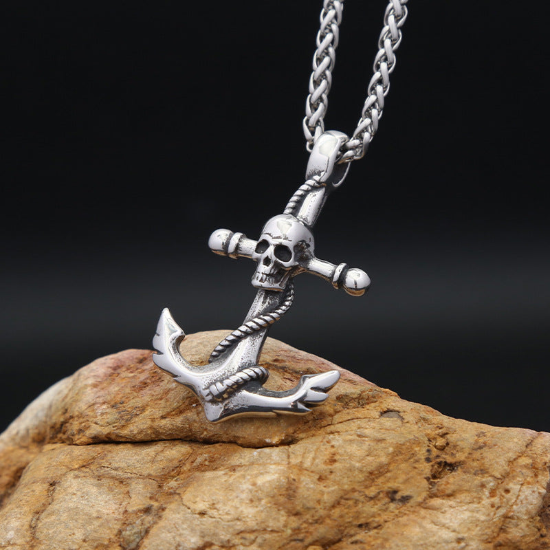 Trendy Titanium Steel Skull Head Anchor Necklace for Men
