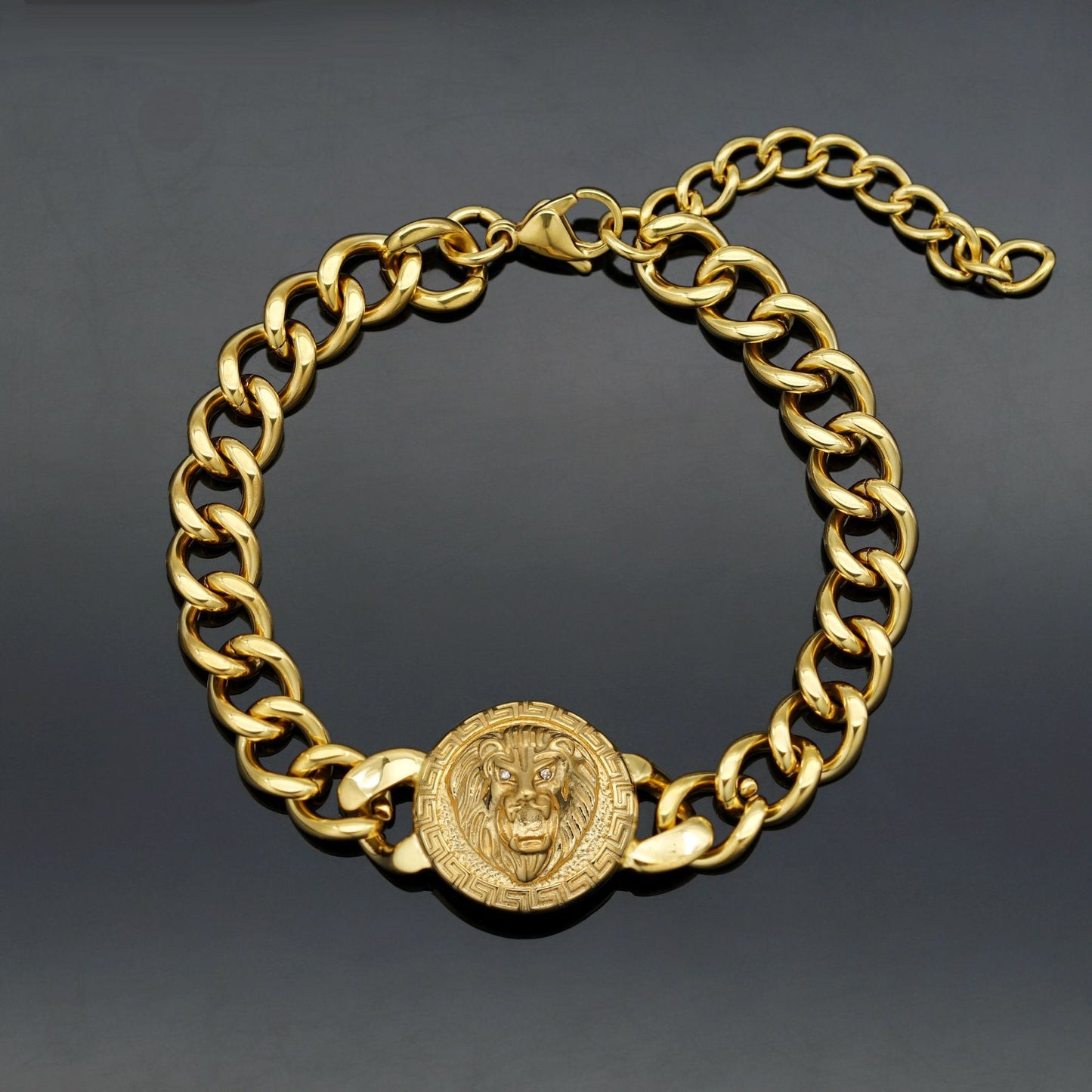 Planderful Stainless Steel Great Wall Pattern Lion Head Disc Cuban Chain Bracelet Unisex Protection Statement