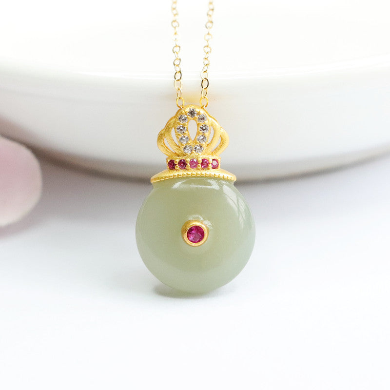 Sterling Silver Necklace with Natural Hetian Jade Buckle and Zircon Crown