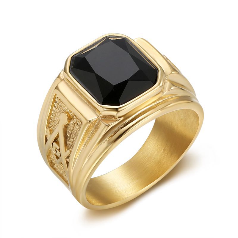 Planderful Everyday Genie Masonic Ring For Men Stainless Steel Gold Plated Black Glass Classic Retro