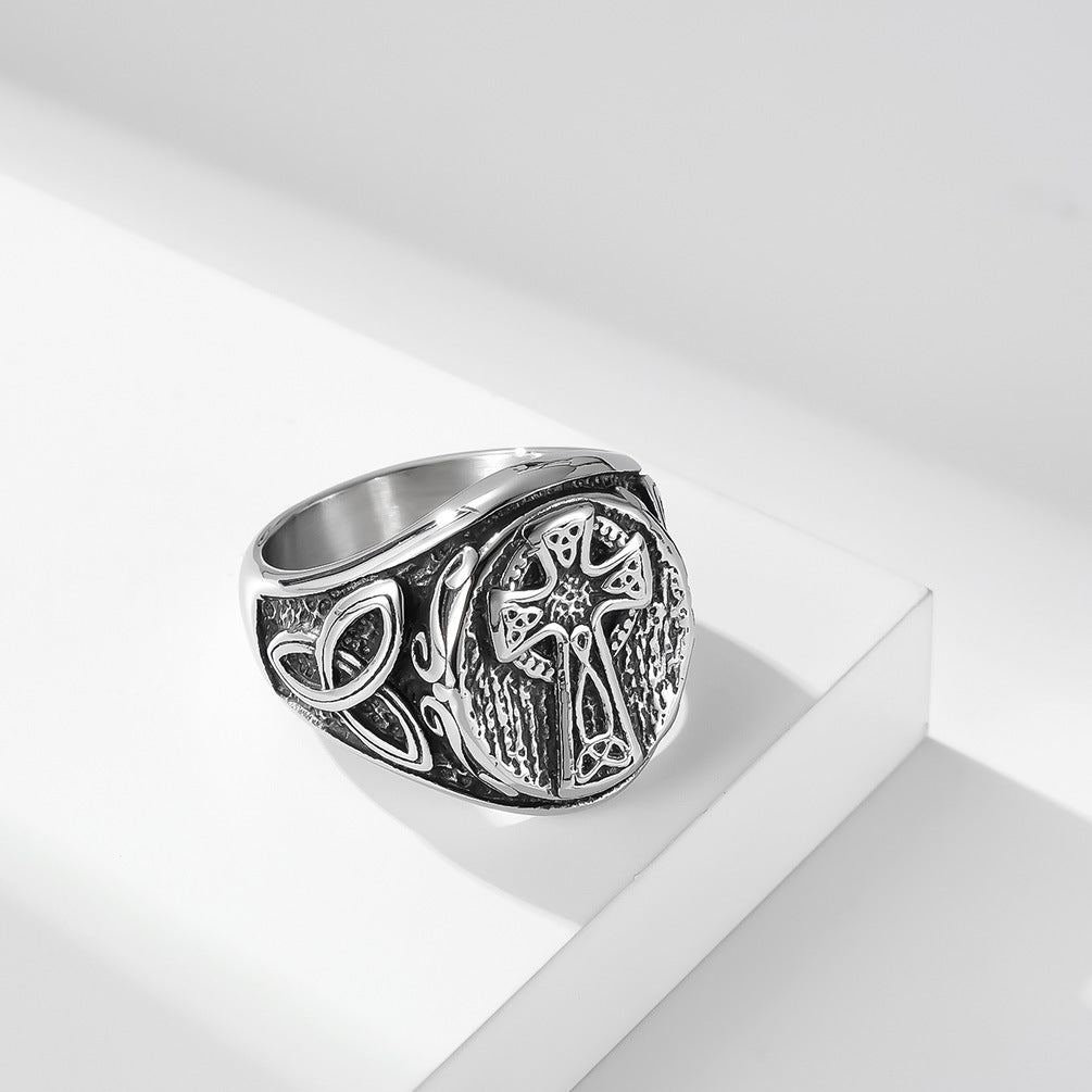 Planderful Mens Ring Nordic Celtic Knot Cross Triangular Knot Titanium Steel Eternal Symbol Retro Jewelry For Men