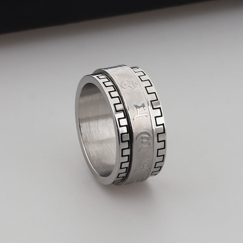Pressing Lace Ring, Six-Character Mantra Decompression Rotatable Transfer Stainless Steel Ring For Men