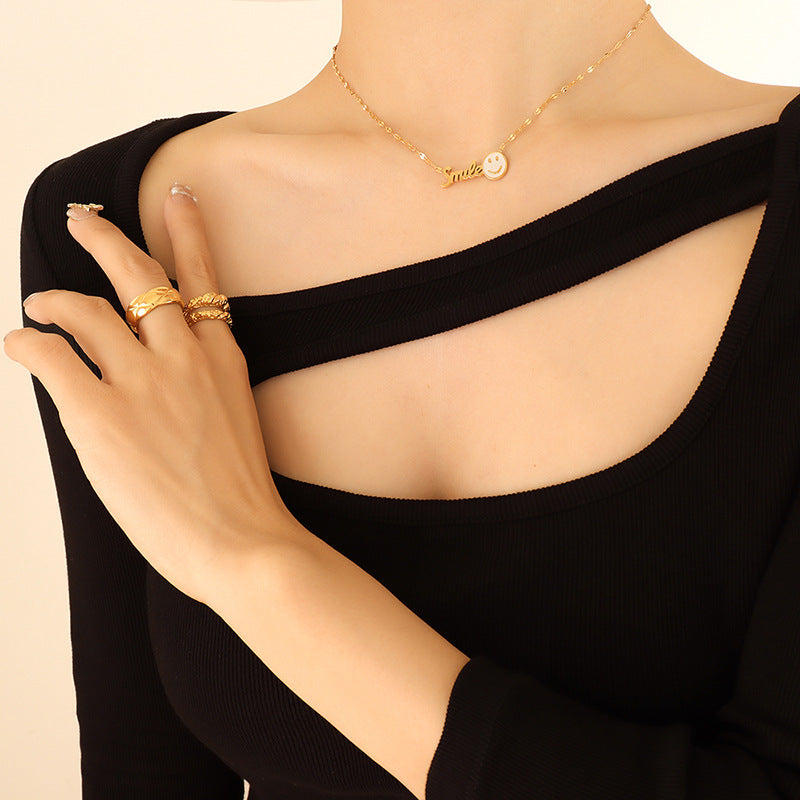 Golden Smiley Face Pendant Necklace with Korean Flair and Titanium Chain