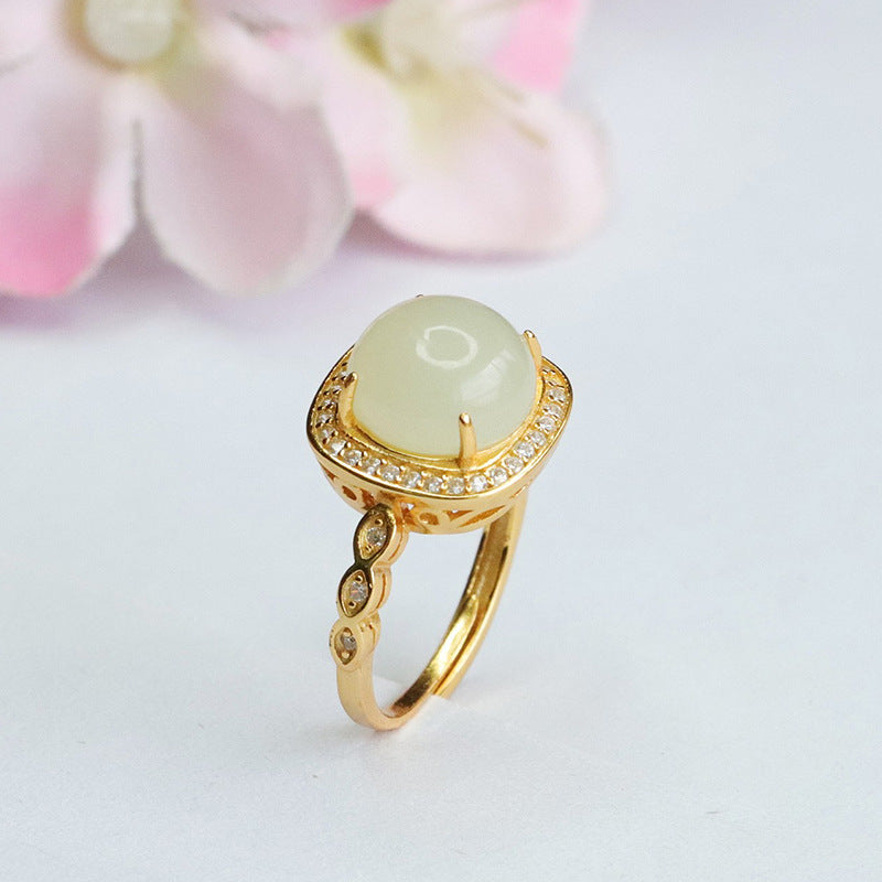 Stunning S925 Silver Hetian Jade Ring with Square Zircon Halo