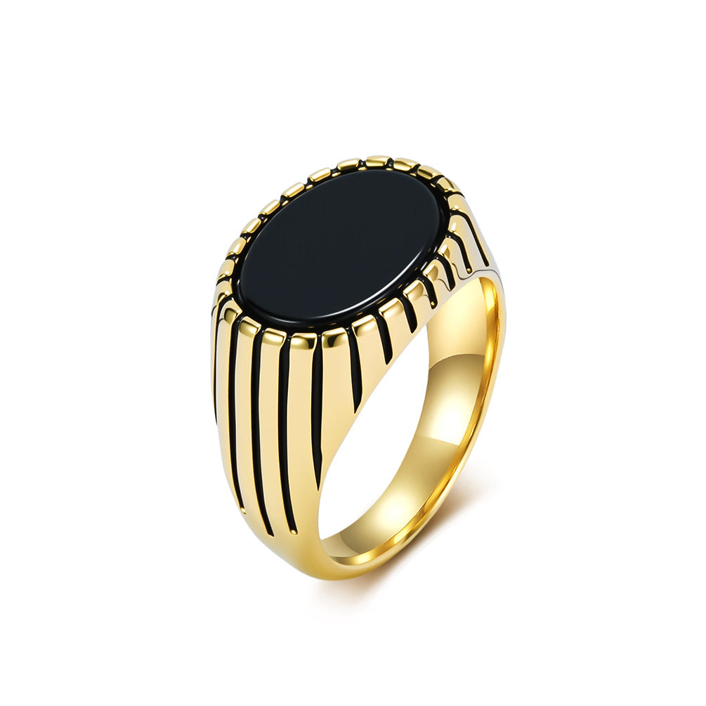 Men's Stainless Steel Black Gemstone Ring