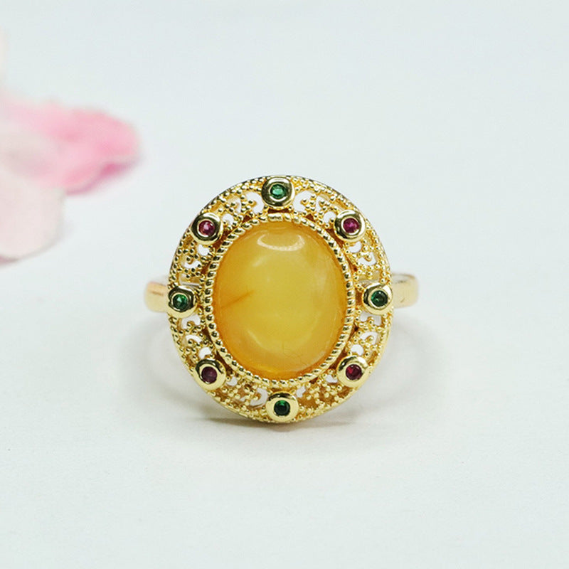 Hollow Honey Amber Zircon Silver Ring with Beehive Charm
