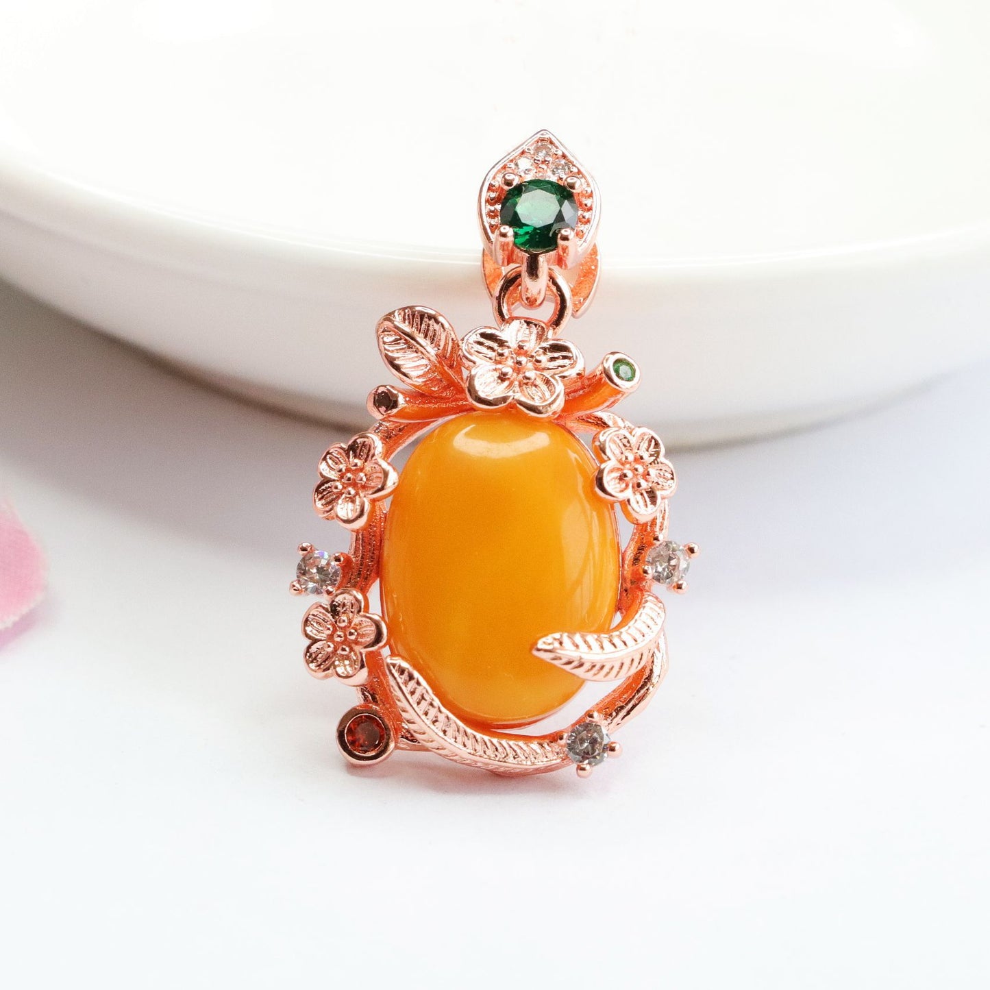 Amber Beeswax Pendant with Zircon Garland Necklace - Sterling Silver Necklace